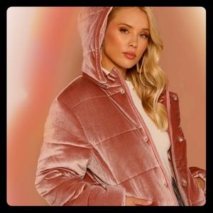 Pink velvet puffer coat with hood